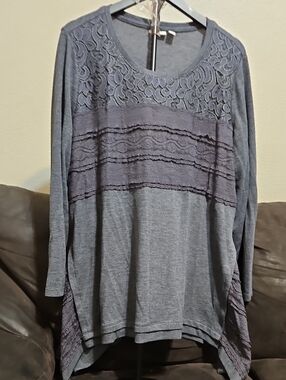 LOGO by Lori Goldstein Slate Blue Lace-Trim Long Sleeve Top